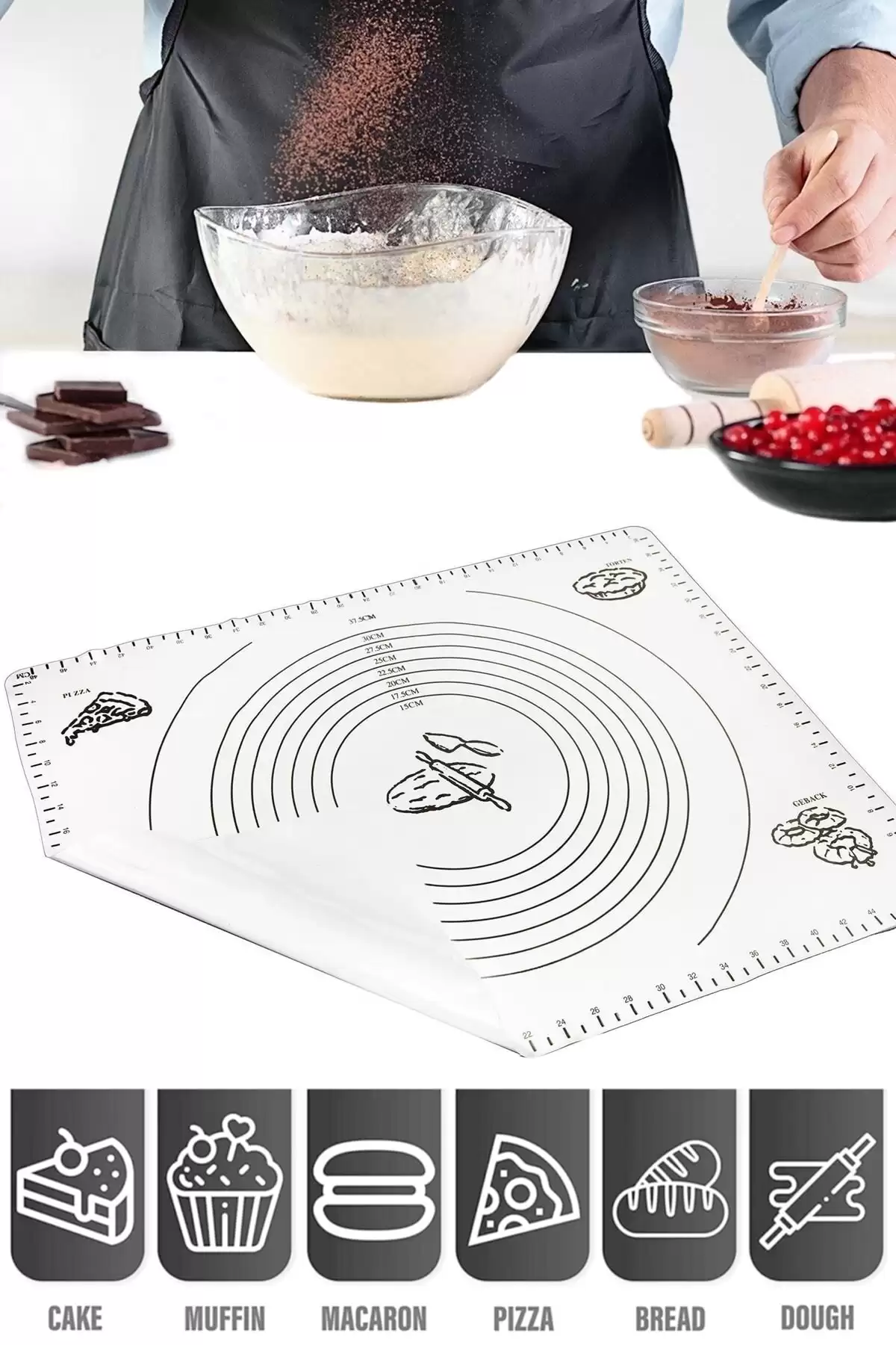 Silikon Hamur Matı Hamur Açma Pasta Fırın Altlığı Matı Ölçülü Hamur Yoğurma Beyaz Büyük Boy 65X45