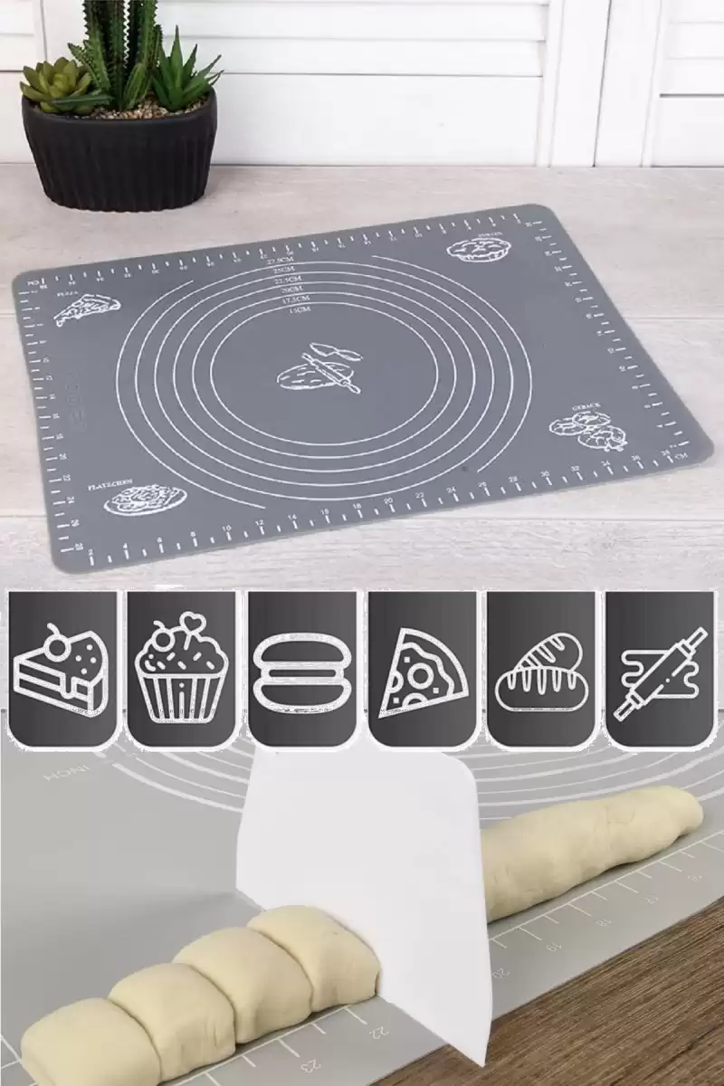 Silikon Hamur Matı Hamur Açma Pasta Fırın Altlığı Matı Ölçülü Hamur Yoğurma Gri Orta Boy 50X40