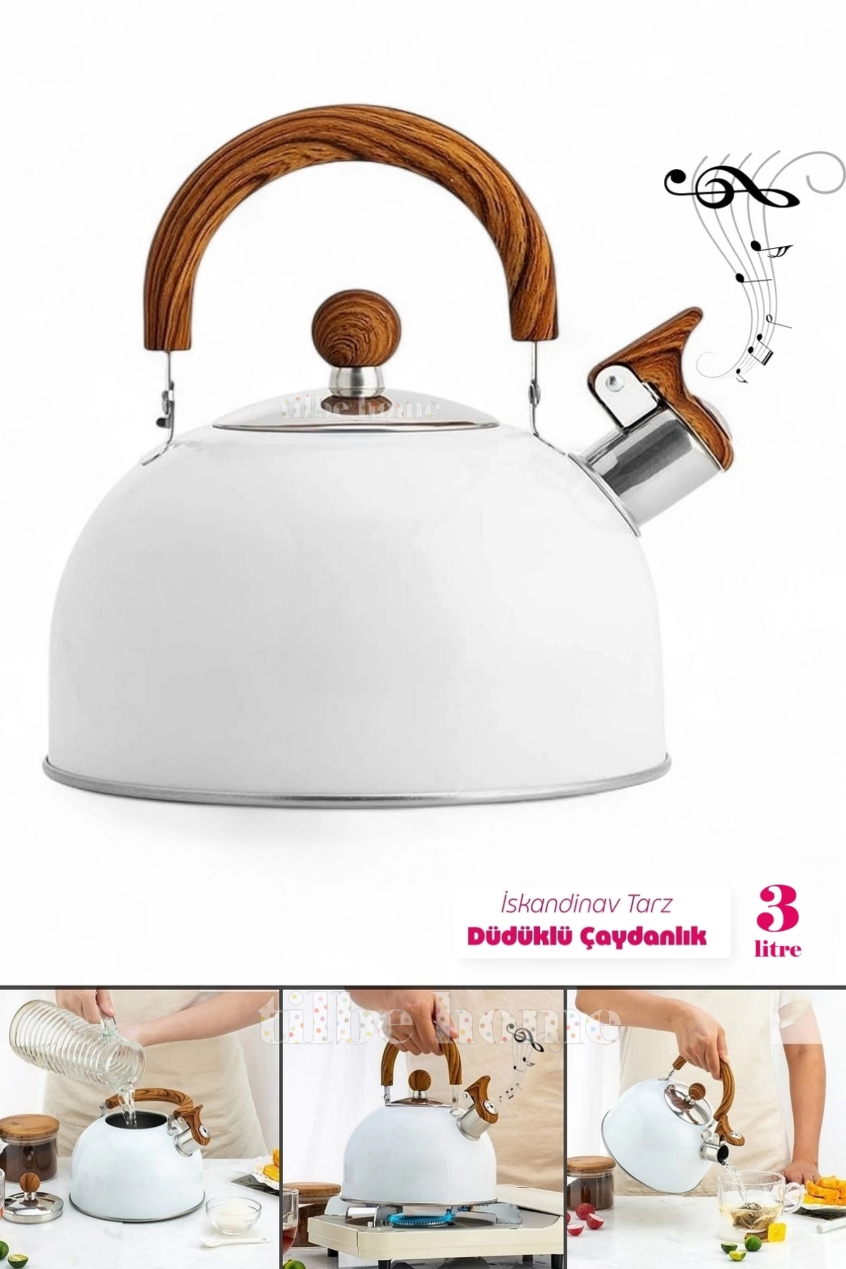Litre Düdüklü Çaydanlık İskandinav Ahşap Su Isıtıcı Islık Çalan