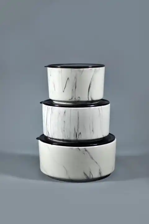 3 lü Seramik Saklama Kabı Beyaz Siyah Mermer Desenli Pratik Mutfak Vakumlu Kapak Saklama Kabı Seti