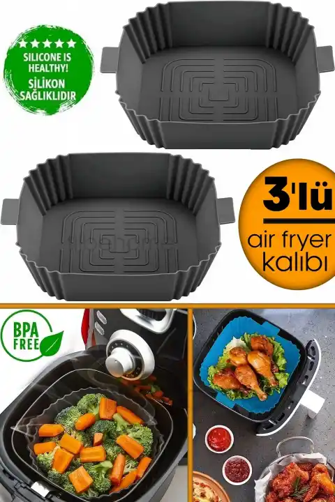 3lü Silikon Air Fryer Pişirme Kalıbı Premium Kare Fırın Mikrodalga Hava Fritözü Pişirme Kağıdı