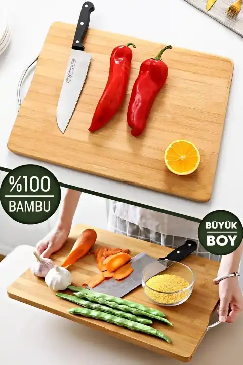 Bambu Kesme Tahtası Lüx Büyük Boy Çelik Saplı Peynir Servis Sunum Et Sebze Doğrama Kesim Tahtası