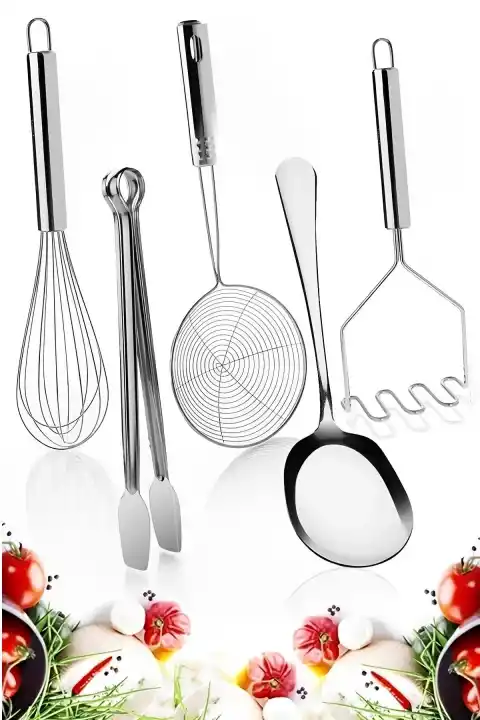 Servis Seti Kepçe Kevgir Süzgeç Izgara Maşası Metal Patates Ezici Çelik Tel Çırpıcı Servis Kaşığı