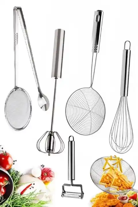 Kızartma Yağ Maşası Süzgeç Çelik Çırpıcı Mikser Lüx Servis Seti Kevgir Kepçe Patates Soyacak Jülyen