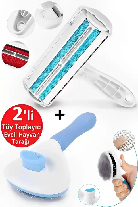 2li Kedi Fırça ve Tarağı Kıl Tüy Toplayıcı Tiftik Tarak +  Hazneli Kıl Toz Toplayıcı Temizleyici 02