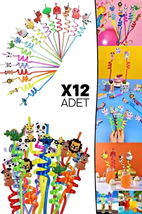 12 Adet Figürlü Pipet Sevimli Hayvan ve Meyve Figürlü Pipet Parti Çocuk Meşrubat Pipeti