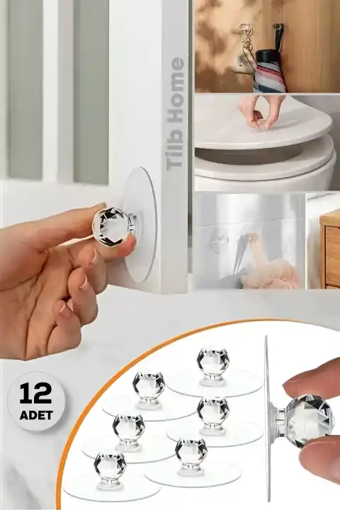 12li Güçlü Yapışkanlı Kristal Başlıklı Dolap Çekmece Ayna Klozet Kapağı Tutma Kulpu Mutfak Askısı