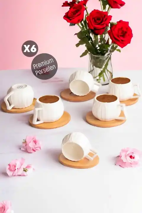 12 Parça Bambu Tabaklı Porselen Kahve Fincan Takımı Lüx Porselen Türk Kahvesi Servis Sunum Seti