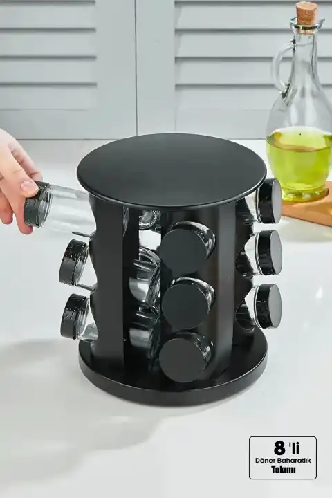 8li Döner Stantlı Siyah Baharatlık Takımı Serpme Başlıklı Kapaklı Etiketli Cam Baharatlık Seti