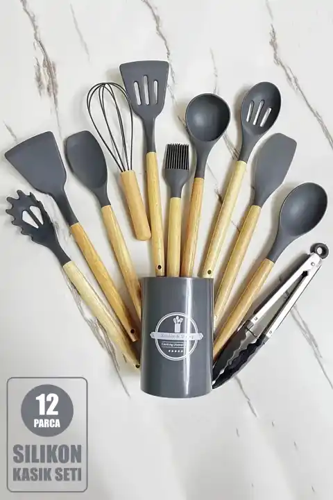 12Parça Silikon Kevgir Kepçe Çırpıcı Kaşık Spatula Maşa Servis Seti Bambu Saplı Gri Mutfak Takımı