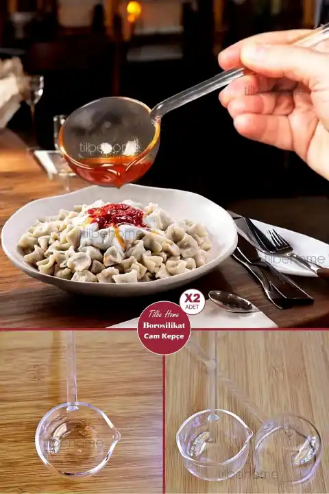 2li Borosilikat Cam Kepçe 25 Cm Lüks Isıya Dayanıklı Servis Sunum Kaşığı Cam Sos ve Çorba Kepçesi