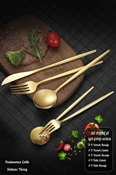 Lüx 30 Parça Gold Çatal Kaşık Bıçak Seti Paslanmaz Çelik Servis Çeyiz Takımı Parlak Pürüzsüz Çelik