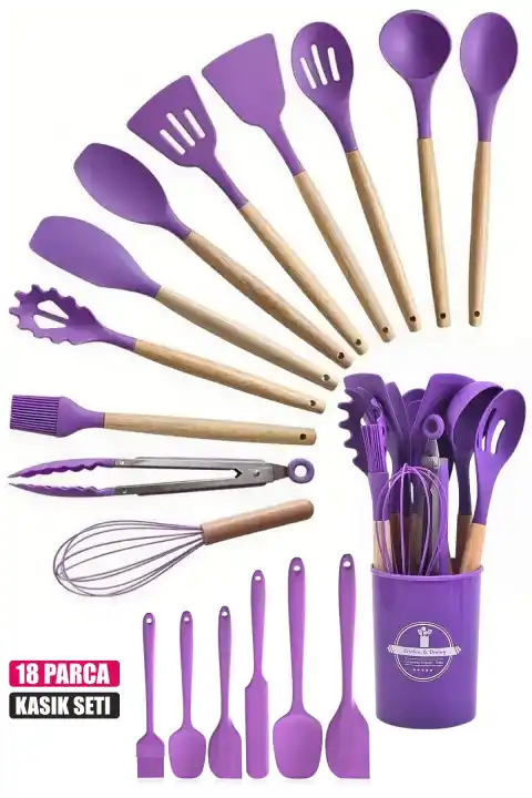 18Parça Silikon Kepçe Kevgir Spatula Kaşık Fırça Çırpıcı Servis Maşa Seti Bambu Saplı Mutfak Takımı