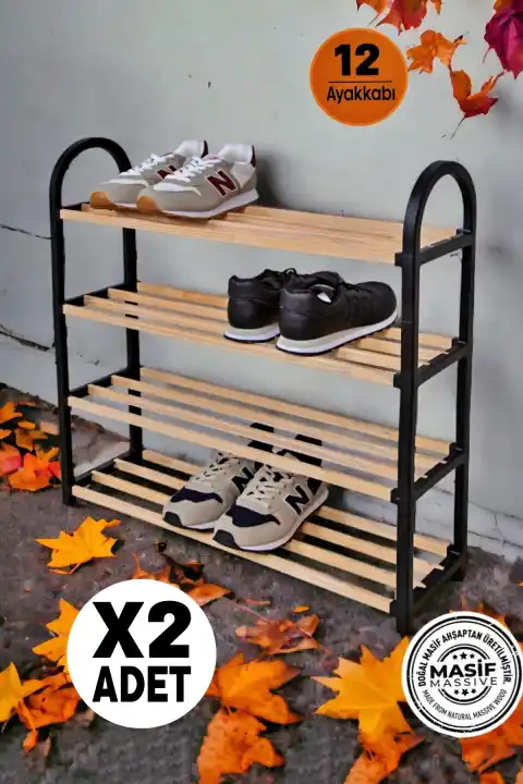 2 Adet 4 Katlı Masif Ahşap Çubuklu Ayakkabılık Büyük Boy Deko Ev Ofis Organizer Raf Ünitesi