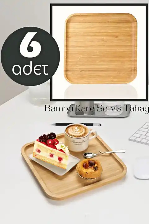 6 Adet Gourmet Kare Bambu Kahvaltı Tabağı Pasta Servis Sunum Tepsi İkramlık Ahşap Tabak 25X25 Seti