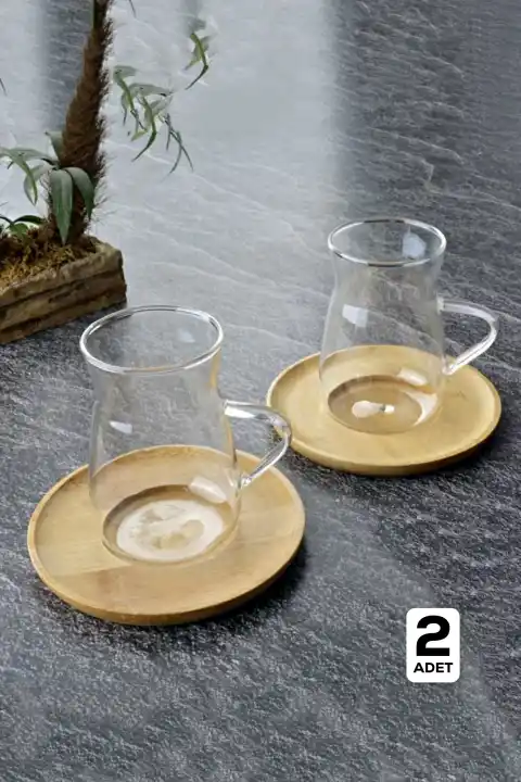 2li Bambu Kapaklı Morning Çay Bardağı Seti Isıya Dayanıklı Termosilikat Keyfi Ala Bardak 180 ml