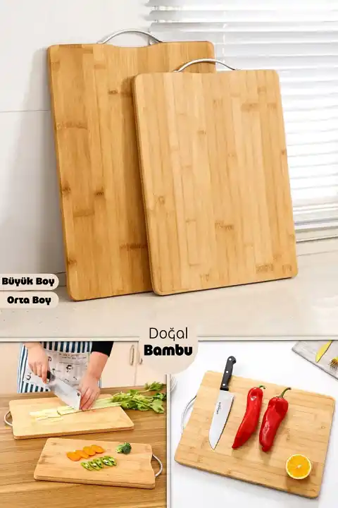 2li Bambu Kesim Tahtası Büyük + Orta Boy Çelik Saplı Peynir Sunum Tepsi Sebze Doğrama Panosu Seti