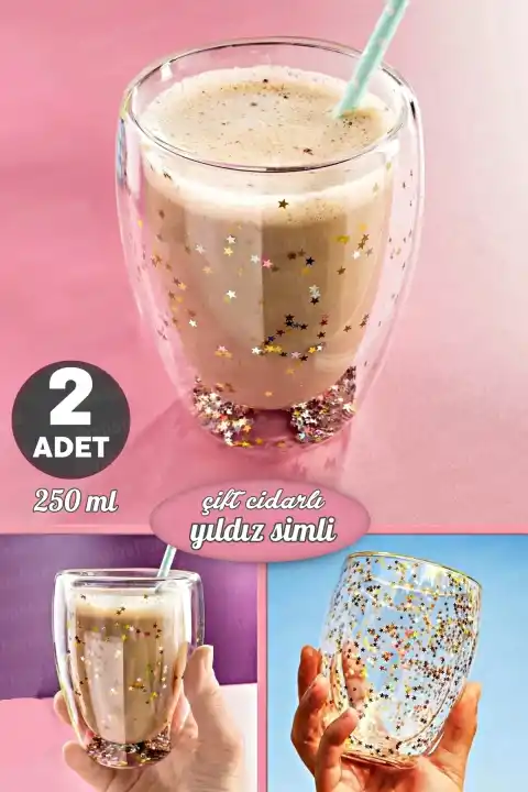2li Çift Cidarlı Bardak Yıldız Simli Kahve Sunum Kokteyl Bardağı Isıya Dayanıklı Borosilikat 250ml