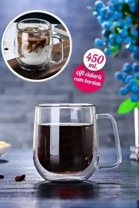Çift Cidarlı Cam Kupa Bardak 450 ml Ev Ofis Fincanı Çift Katlı Isı Yalıtımlı Kulplu Cam Bardak