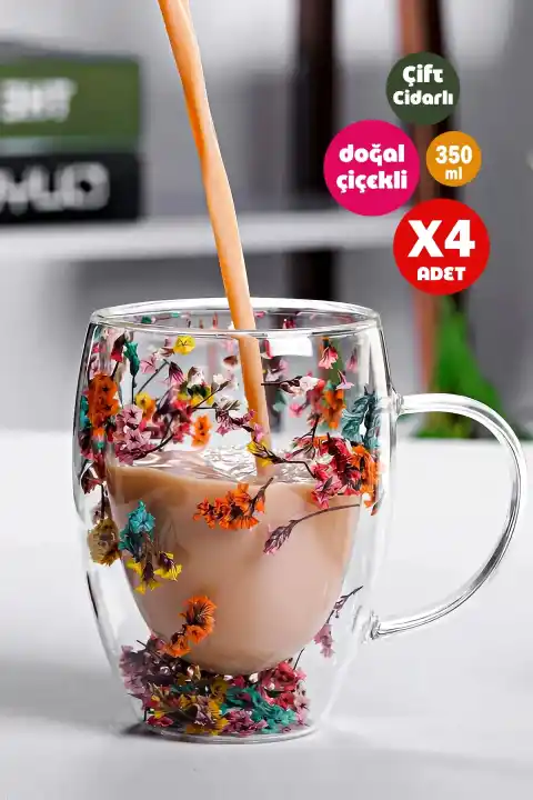4lü Çift Cidarlı Flower Cup 350ml Çiçekli Bardak Kahve Çay Bardağı El Yapımı Kulplu Cam Bardak Set