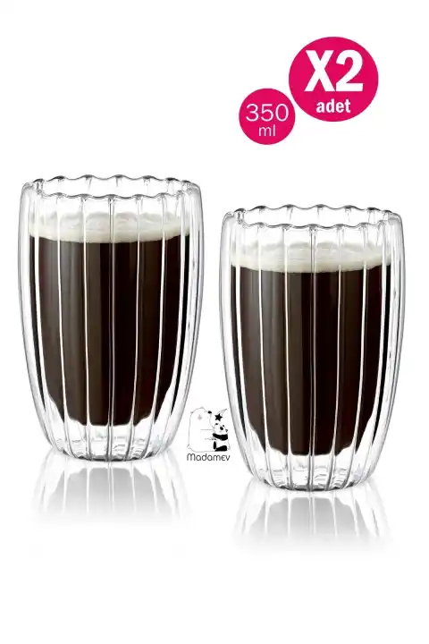 2li Çift Cidarlı Isıya Dayanıklı Cam Bardak Sıcak Soğuk Burgulu Çay Süt Kahve Kupası Bardağı 350ml