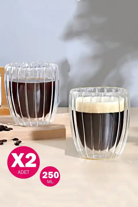 2li Çift Cidarlı Isıya Dayanıklı Cam Bardak Sıcak Soğuk Çizgili Çay Süt Kahve Kupası Bardağı 250ml