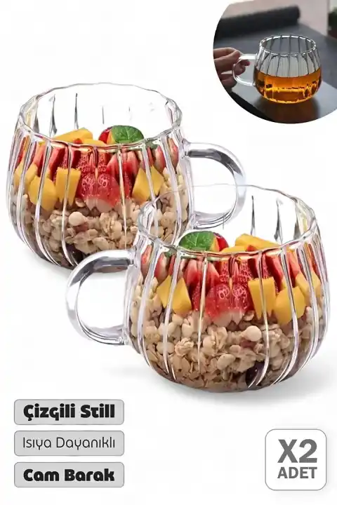 2li Çizgili Kabartmalı Bardak 250 ml Retro Çay Fincanı Kahve Sunum Bardağı Dayanıklı Cam Kupa