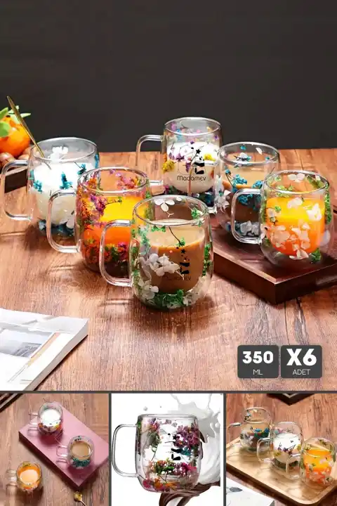 6lı Çift Çidarlı Flower Cup Çiçekli El Yapımı Borosilikat Bardak 350 ml Kulplu Kahve Sunum Bardağı