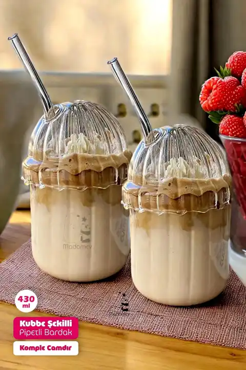 2li Kübbe Kapaklı Pipetli Bardak Isıya Dayanıklı EggGlass İskandinav Kahve Sunum Bardağı 430ml Set