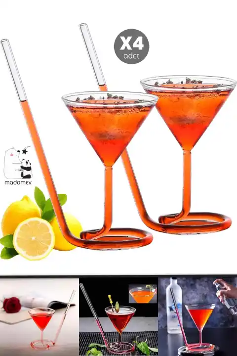 4lü Spiral Cocktail Pipetli Martini Kokteyl Sunum Bardağı New Cam Meşrubat İçki Özel Bardak Seti