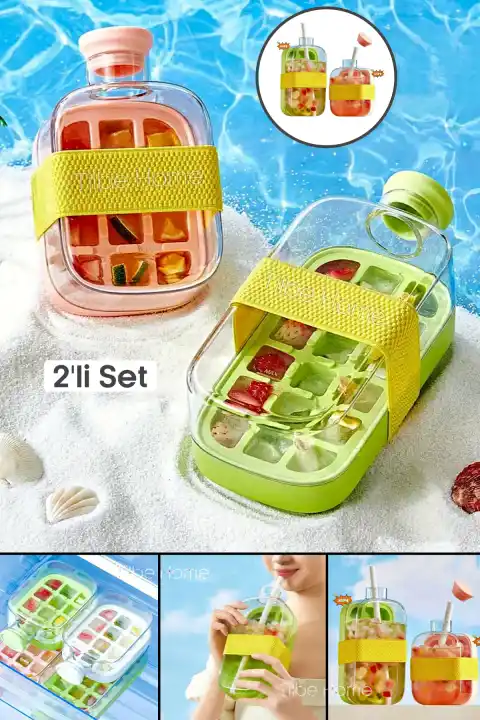 2li Yeni Nesil Pipetli Buz Kalıbı Matara Kemerli Buz Kalıbı Su Şişesi Kapaklı Buz Küpü 800ml+500ml