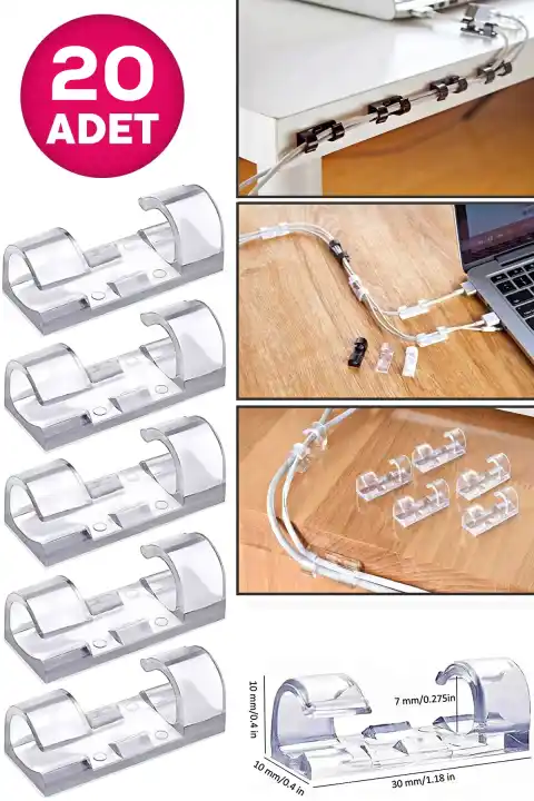 20li Şeffaf Kablo Sabitleyici Düzenleyici Duvar Klipsi Yapışkanlı Kablo Organizer Tutucu Toplayıcı