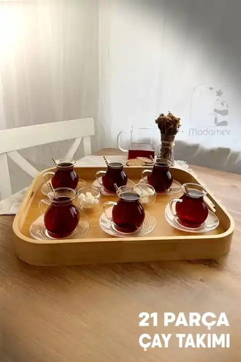 21 Parça Bambu Tepsili Keyfi Ala Çay Takımı Cam Tabak, Lokumluk, Kaşık, Kulplu Çay Fincanı Bardağı