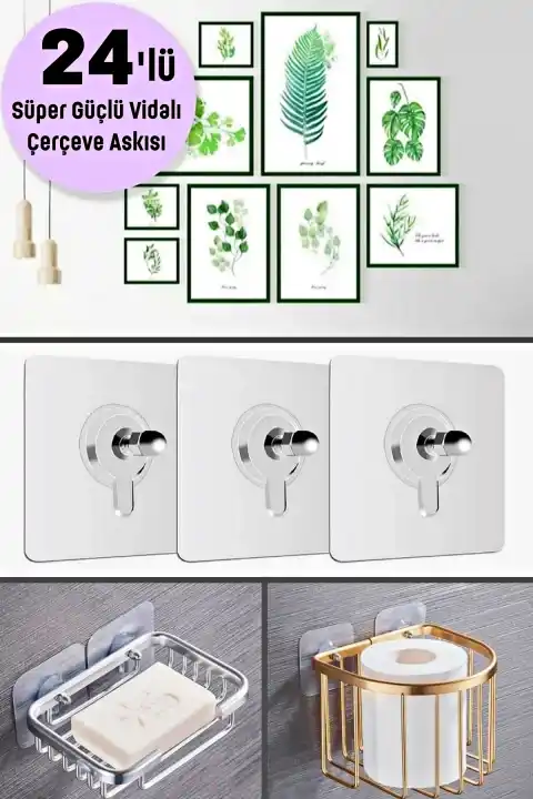 24lü Süper Güçlü Yapışkanlı Tablo Resim Çerçeve Duvar Askısı Pin Delgisiz Vidalı Tırnak Raf Tutucu