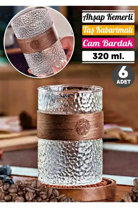 6lı Ahşap Kemerli Stil Bardak Kokteyl Meşrubat Kahve Sunum Bardağı Taş Desen Cam Bardak 320ml Seti