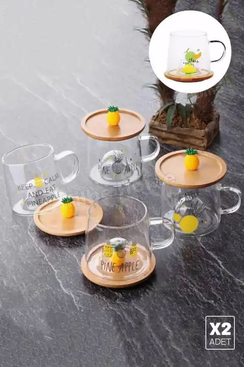2li Bambu Kapaklı Ananas Meyve Figürlü Cam Bardak Baskılı Meşrubat Kupası Çay Bardağı 280 ml.