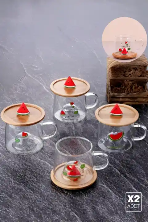2li Bambu Kapaklı Karpuz Meyve Figürlü Cam Bardak Baskılı Meşrubat Kupası Çay Bardağı 280 ml.