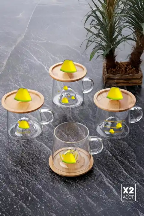 2li Bambu Kapaklı Kavun Meyve Figürlü Cam Bardak Baskılı Meşrubat Kupası Çay Bardağı 280 ml.