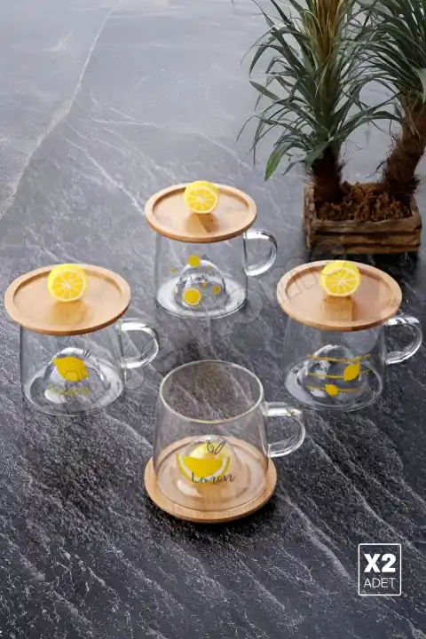2li Bambu Kapaklı Limon Meyve Figürlü Cam Bardak Baskılı Meşrubat Kupası Çay Bardağı 280 ml.