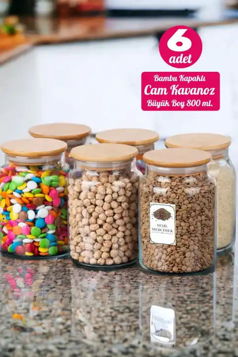 6 Adet Vakumlu Bambu Kapaklı Cam Kavanoz Borosilikat Cam Vakumlu Baharatlık Saklama Kabı Organizer