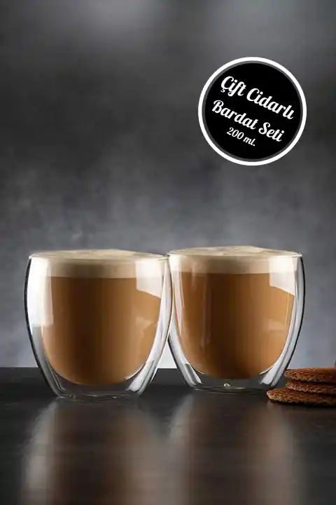 2li Çift Cidarlı Bardak 200 ml Ev Ofis Çay Fincanı Kahve Sunum Bardağı Dayanıklı Kupa Cam Bardak