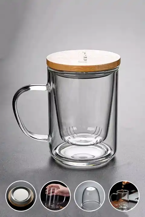 Borosilikat Cam Süzgeçli Bambu Kapaklı Kupa Kulplu Demlik Modeli Çift Kat Bitki Çay Bardağı 400 ml.
