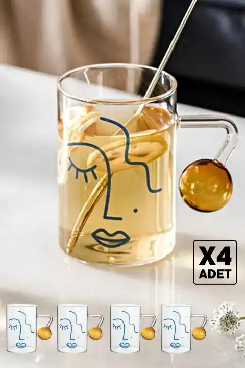 4lü Abstract Boncuk Kulplu Kahve Sunum Bardağı 300ml Isıya Dayanıklı Yüz Figürlü Cam Kokteyl Bardak
