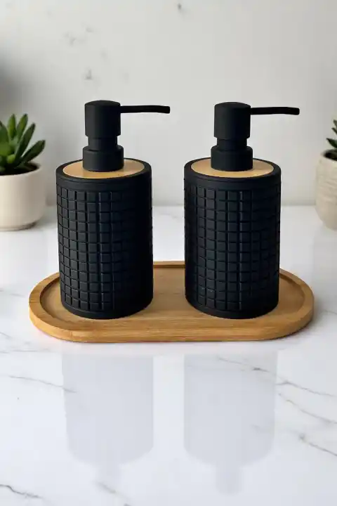 2li Retro Still Sıvı Sabunluk Seti 500ml Mutfak Siyah Hands Dishes Kare Figürlü Bambu Stantlı Set