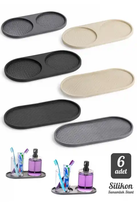 6 Adet Silikon Kaymaz Yağdanlık Altlığı Sabunluk Standı Sunum Tepsi 2 Bölmeli Çerezlik Stant Seti