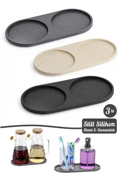 3 Adet Silikon Kaymaz Yağdanlık Altlığı Sabunluk Standı Sunum Tepsi 2 Bölmeli Çerezlik Stant Seti