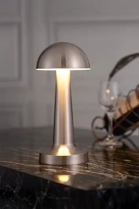 Mantar Model Retro Masa Lambası Mat Gümüş Dimmerli Şarjlı Dekoratif Masaüstü Dekoratif Mantar Lamba