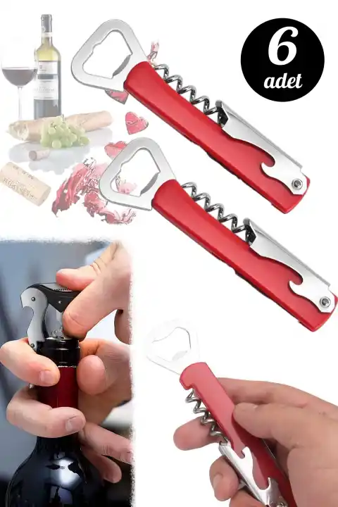 6lı Çelik Tirbuşon Şarap Mantar Açacağı Şişe Açacağı Garson Tipi Meşrubat Gazoz Kapak Açacağı Seti