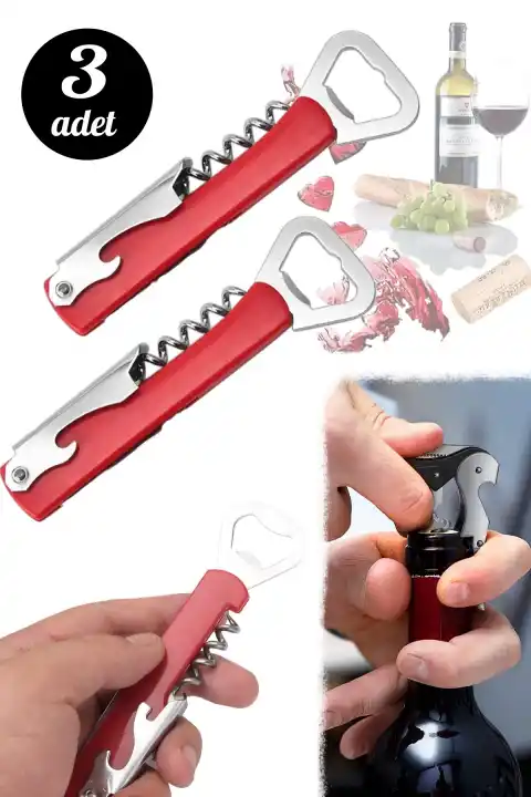 3lü Çelik Tirbuşon Şarap Mantar Açacağı Şişe Açacağı Garson Tipi Meşrubat Gazoz Kapak Açacağı Seti