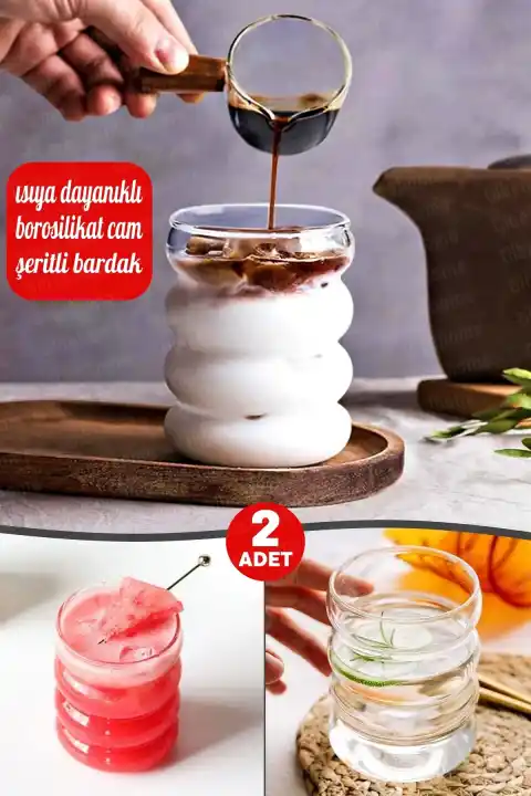 2li Isıya Dayanıklı Borosilikat Şeritli Cam Bardak Dalgalı Kahve Sunum Meşrubat Bardağı 300 ml